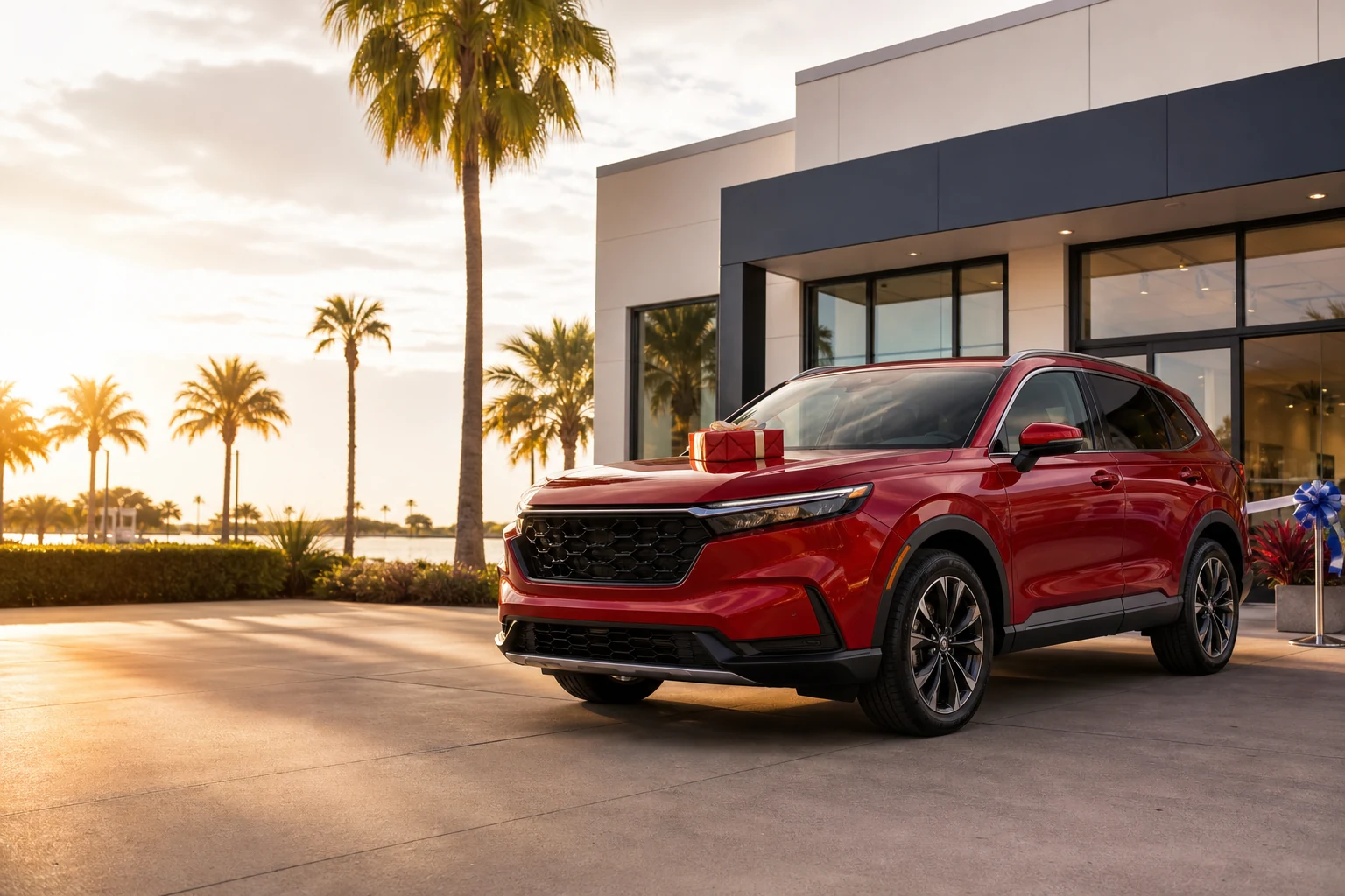 A red crossover with a birthday gift outside a Florida automotive dealership