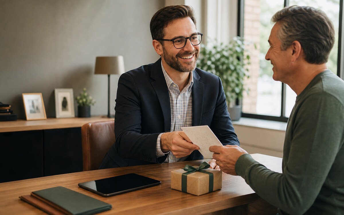 An insurance advisor giving a client a birthday card beside a small gift